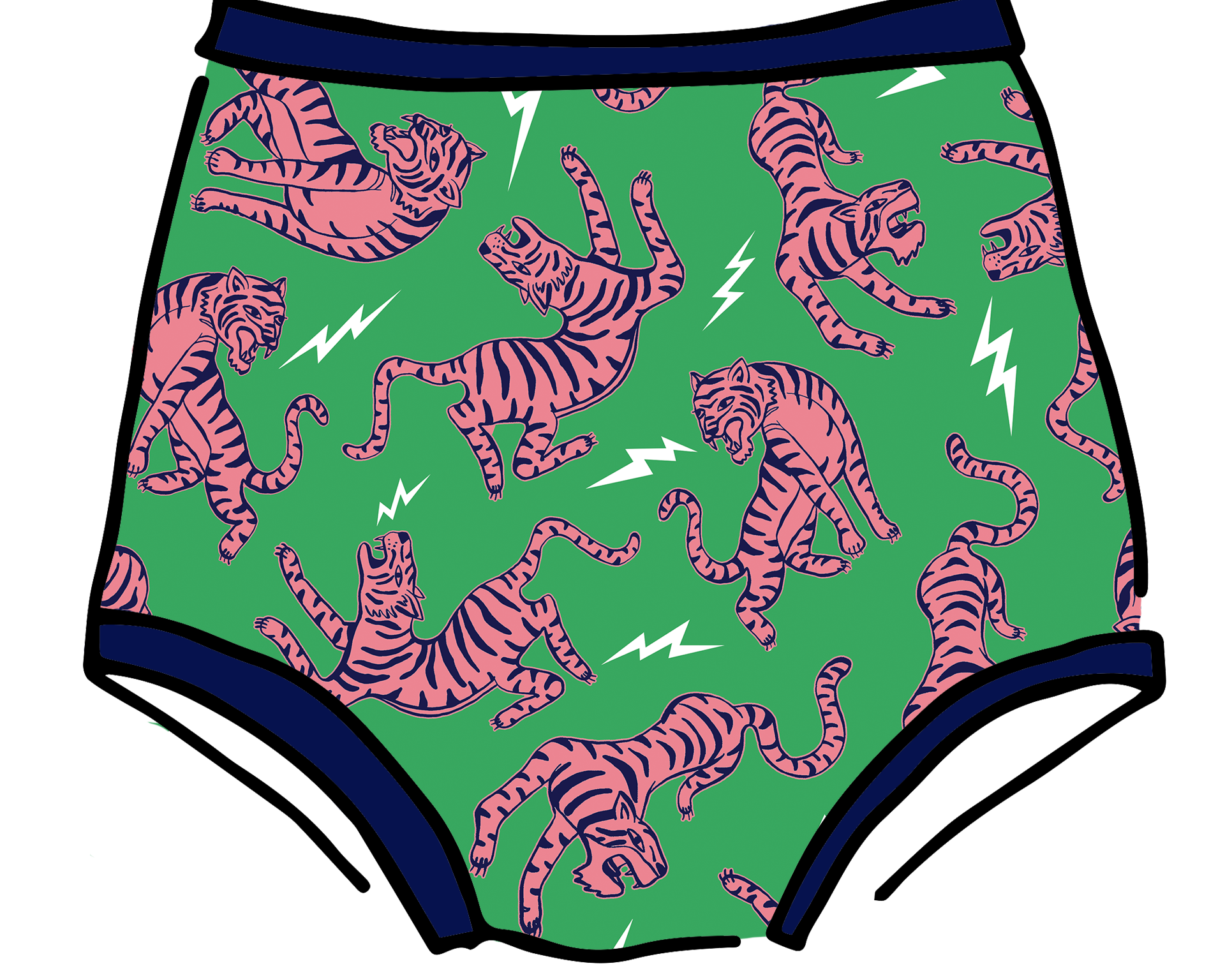 Drawing of Thunderpants organic cotton Sky Rise style underwear in Electric Tiger - green with pink and blue tigers and white lightning bolts.