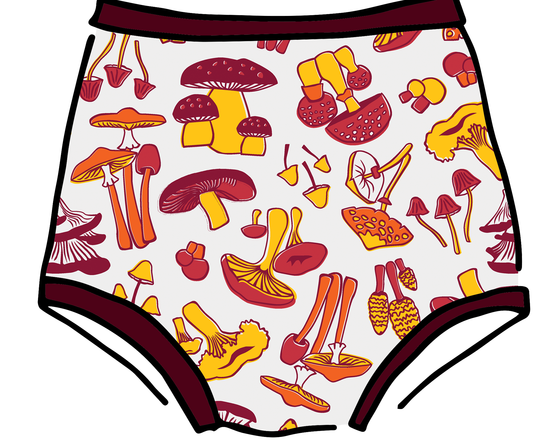 Drawing of Thunderpants Sky Rise style underwear in Whadda Fungi print - red, yellow, and orange mushroom print.