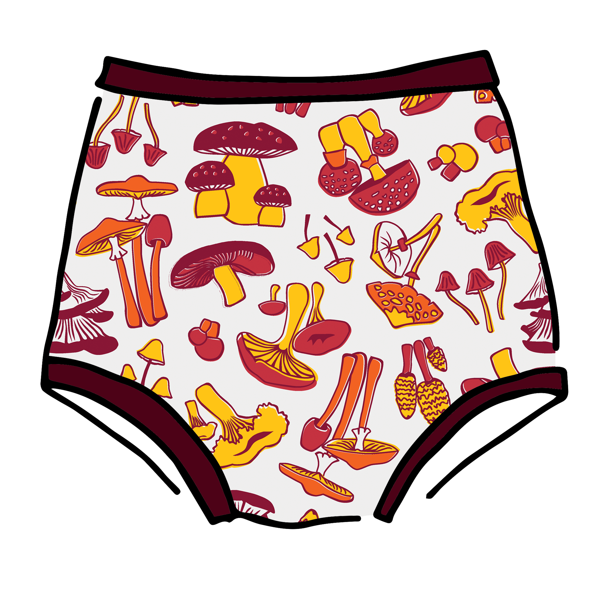 Drawing of Thunderpants Sky Rise style underwear in Whadda Fungi print - red, yellow, and orange mushroom print.