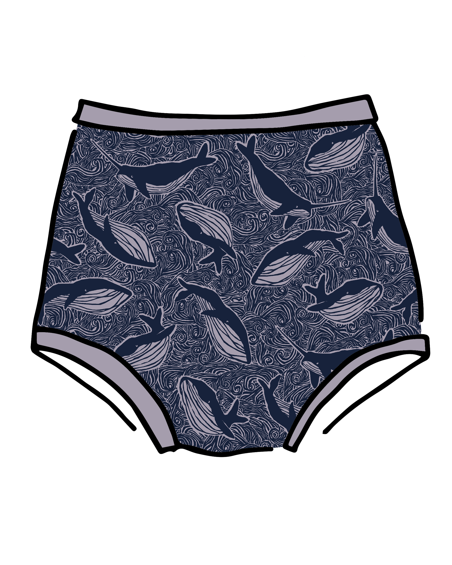 Drawing of Thunderpants Sky Rise style underwear in Whale, Whale, Whale print - indigo whales on lavender.