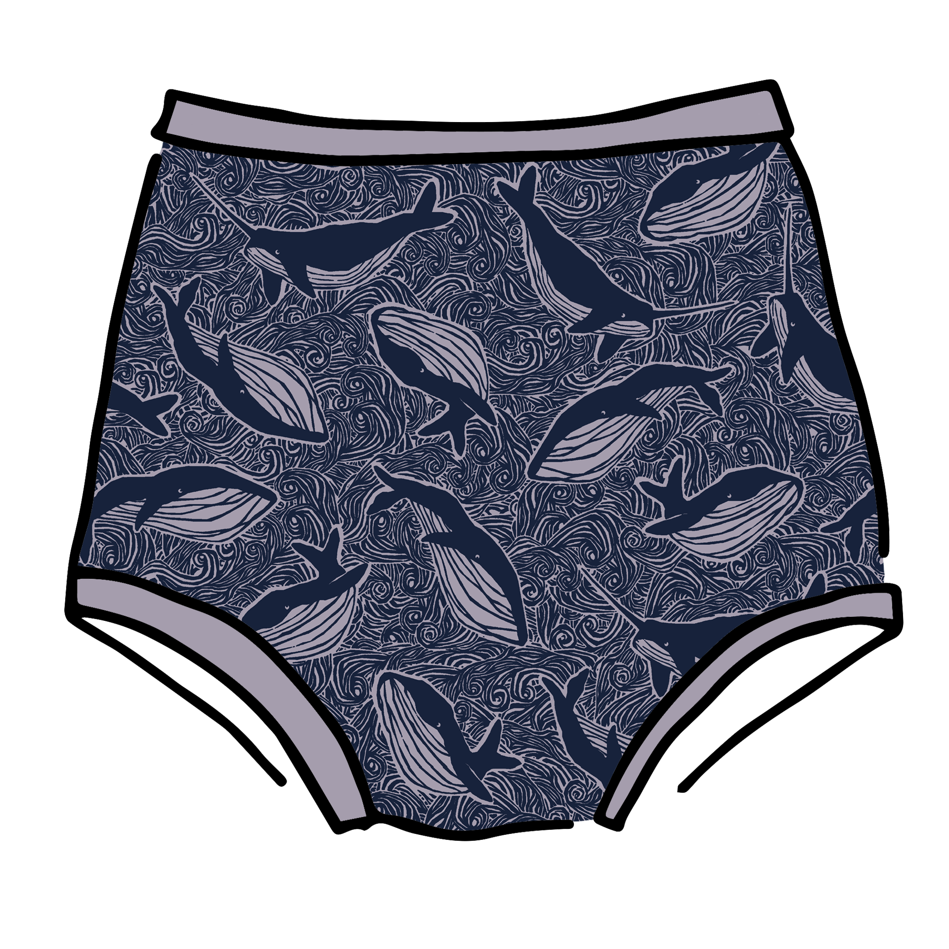 Drawing of Thunderpants Sky Rise style underwear in Whale, Whale, Whale print - indigo whales on lavender.