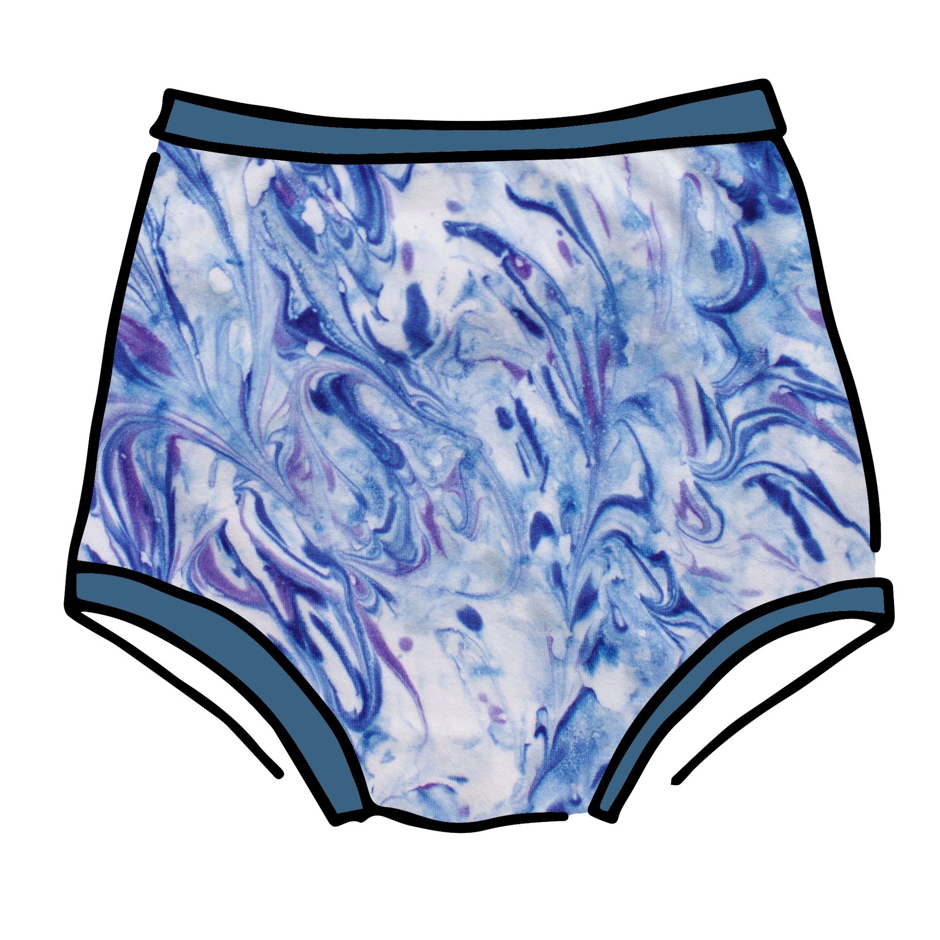 Drawing of Thunderpants Sky Rise style underwear in Winter Blues Marble dye - different blues and purples swirled to look like marble. 