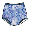 Drawing of Thunderpants Sky Rise style underwear in Winter Blues Marble dye - different blues and purples swirled to look like marble. 