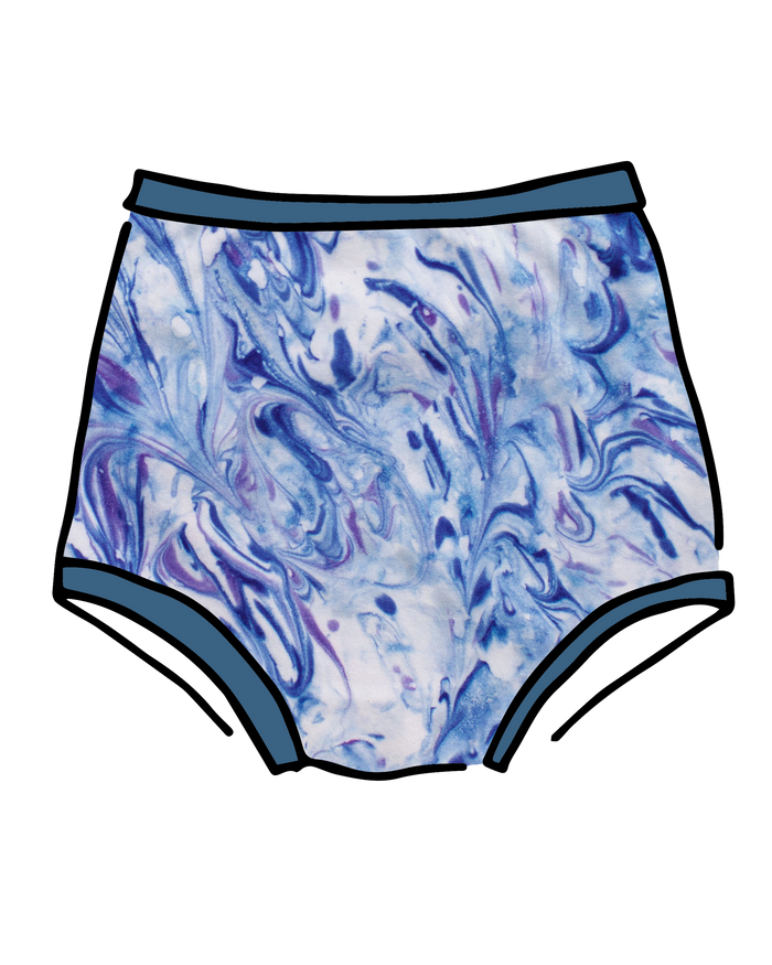 Drawing of Thunderpants Sky Rise style underwear in Winter Blues Marble dye - different blues and purples swirled to look like marble. 