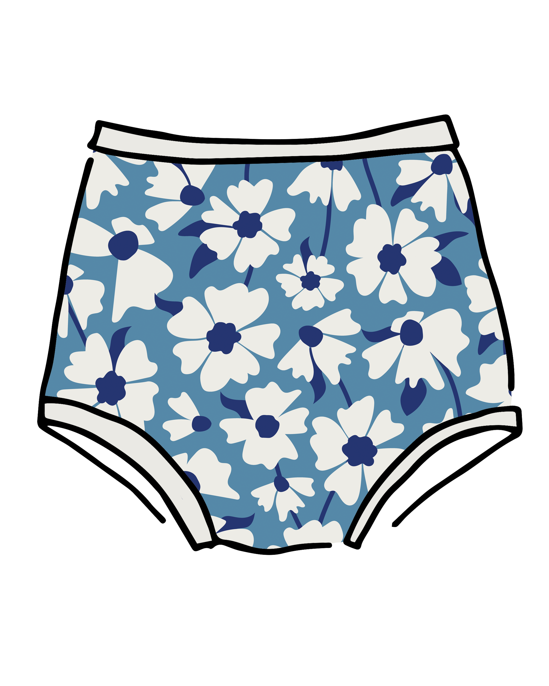 Drawing of Thunderpants Sky Rise style underwear in Moody Blooms - white and blue flowers with blue background.