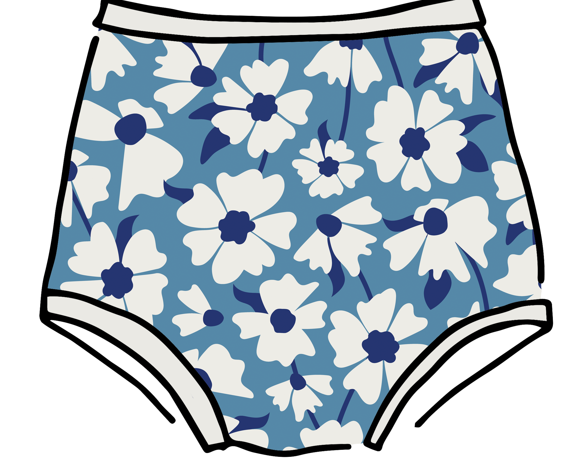 Drawing of Thunderpants Sky Rise style underwear in Moody Blooms - white and blue flowers with blue background.