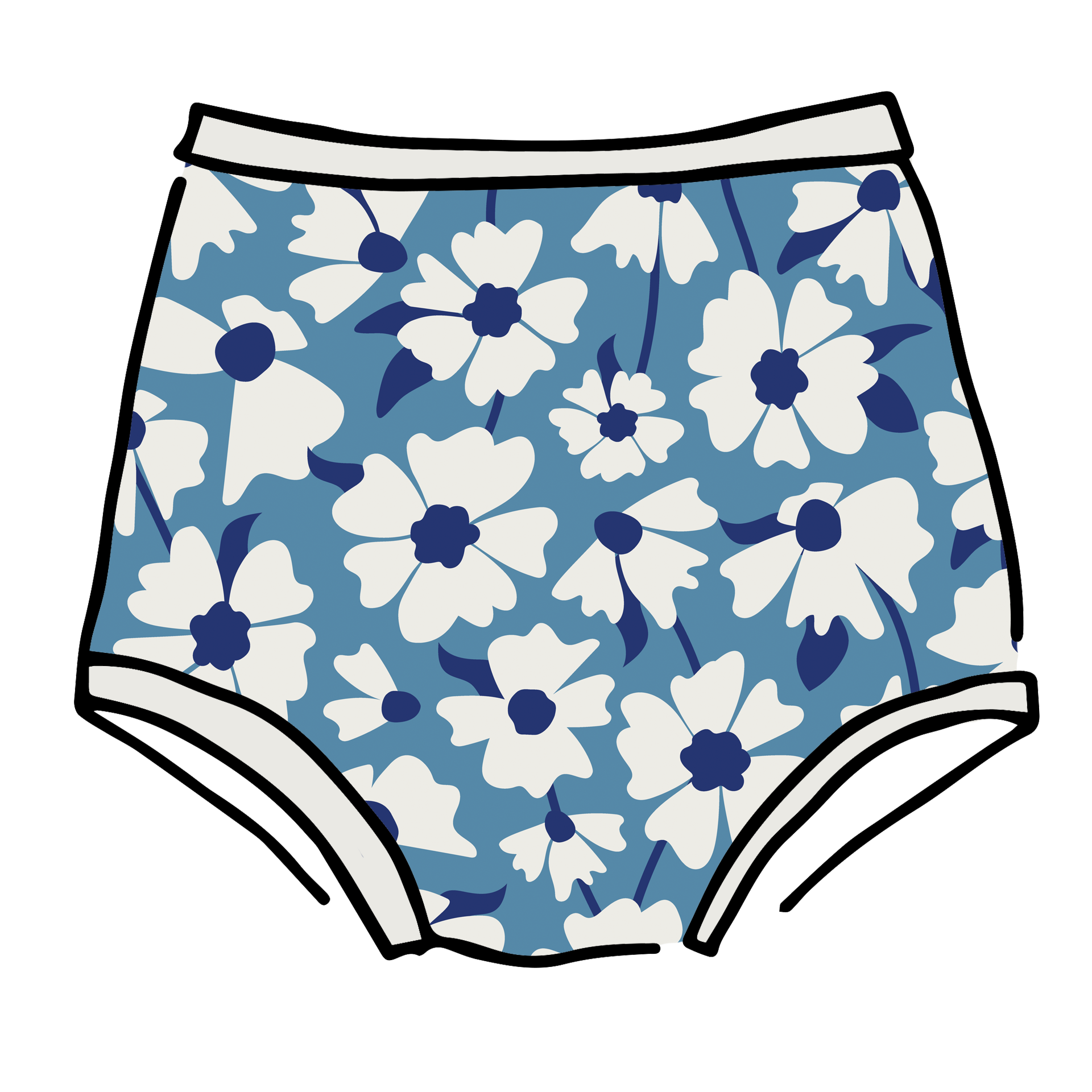 Drawing of Thunderpants Sky Rise style underwear in Moody Blooms - white and blue flowers with blue background.