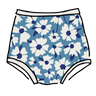 Drawing of Thunderpants Sky Rise style underwear in Moody Blooms - white and blue flowers with blue background.