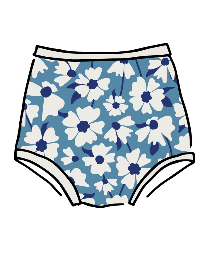 Drawing of Thunderpants Sky Rise style underwear in Moody Blooms - white and blue flowers with blue background.
