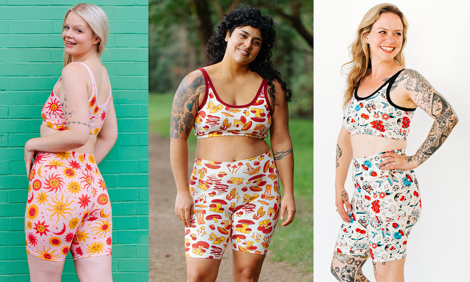 Three models wearing Thunderpants sets in various prints.