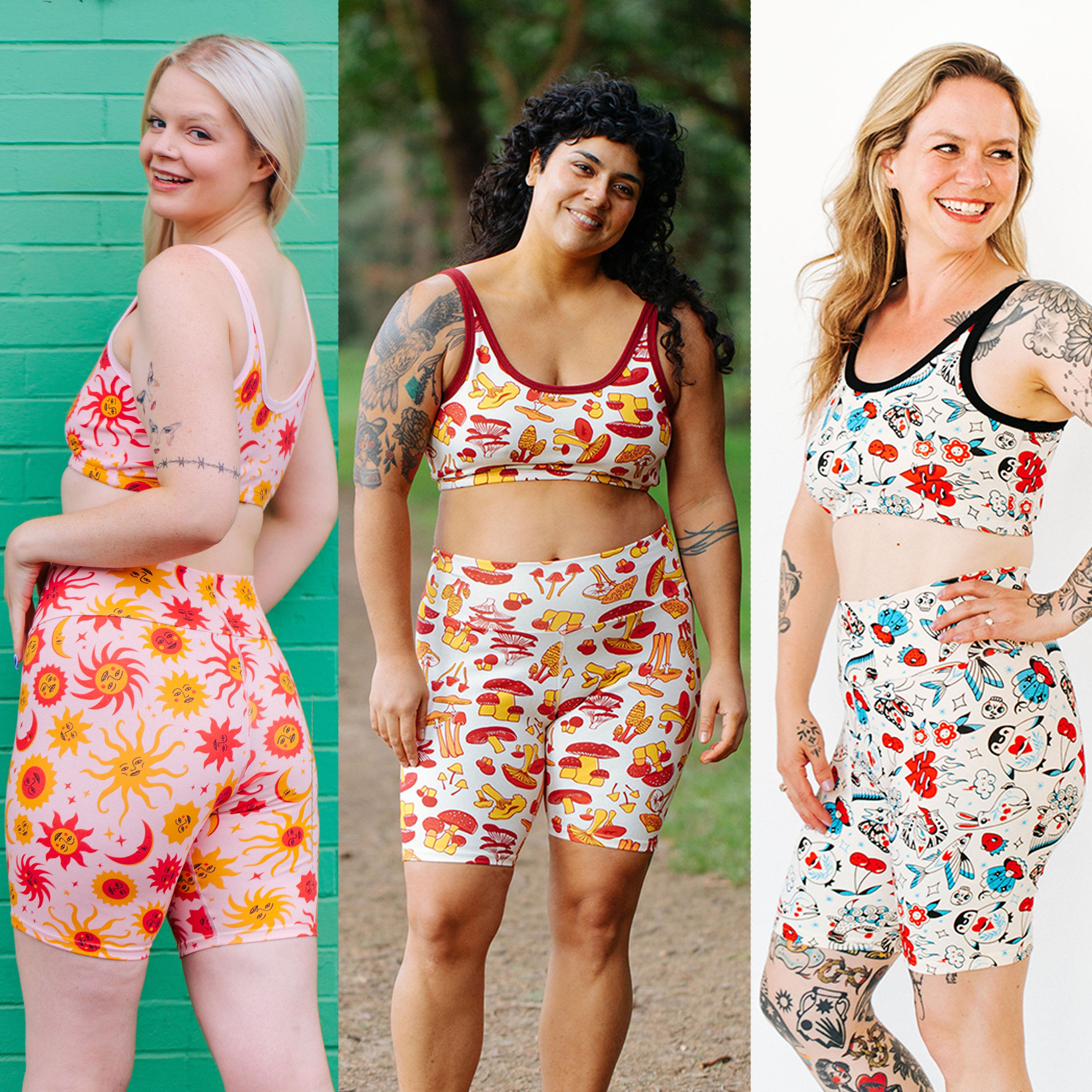 Three models wearing Thunderpants sets in various prints.