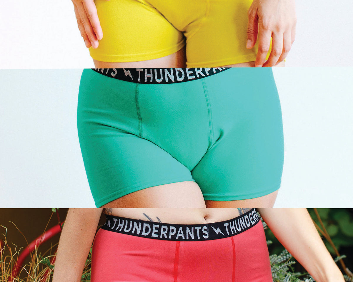 Images of three models wearing Thunderpants Boxer Briefs in Pomegranate Punch, Peacock Green, and Star Fruit - the Summer Solids Three Pack.