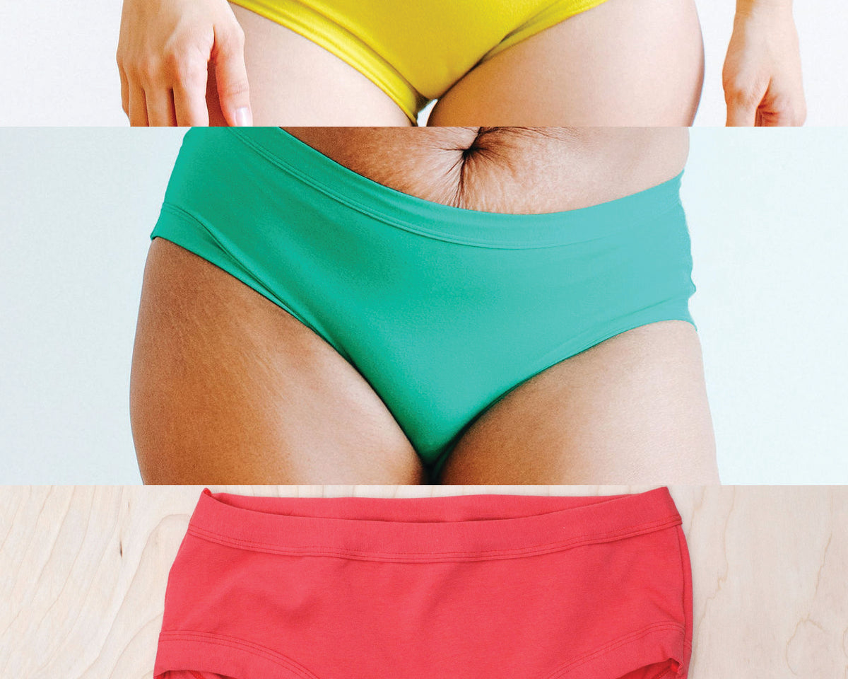 Images of three models wearing Thunderpants Hipster style underwear in Pomegranate Punch, Peacock Green, and Star Fruit - the Summer Solids Three Pack.