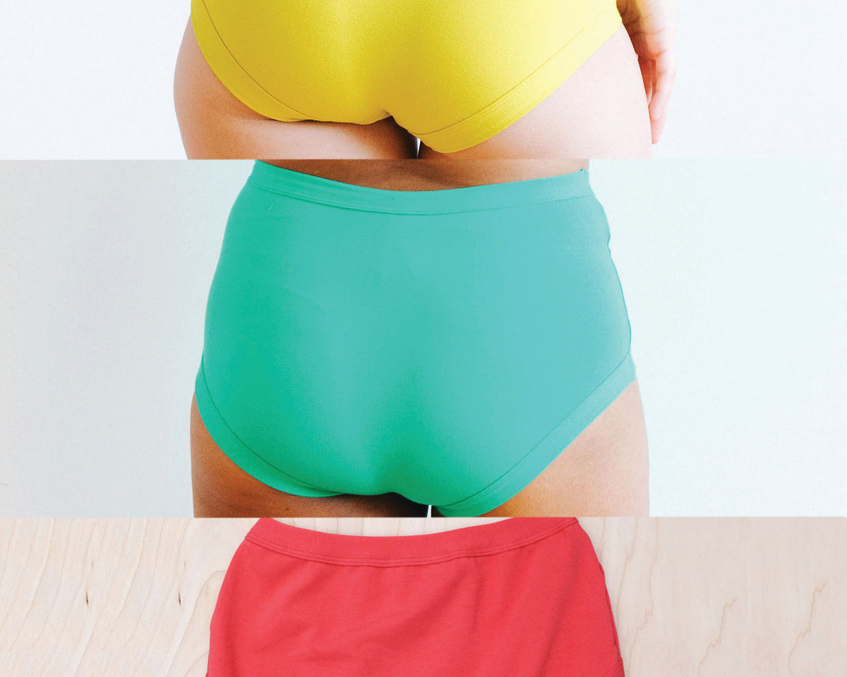 Images of three models wearing Thunderpants Original style underwear in Pomegranate Punch, Peacock Green, and Star Fruit - the Summer Solids Three Pack.