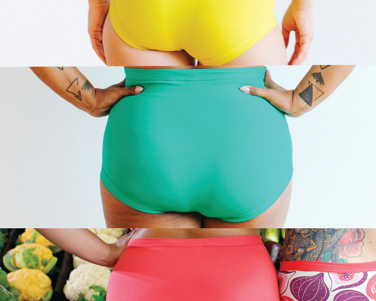 Images of three models wearing Thunderpants Sky Rise style underwear in Pomegranate Punch, Peacock Green, and Star Fruit - the Summer Solids Three Pack.