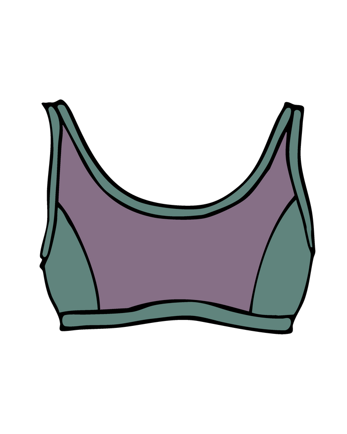 Drawing of Thunderpants Swim Panel Top in lavender and lichen green.
