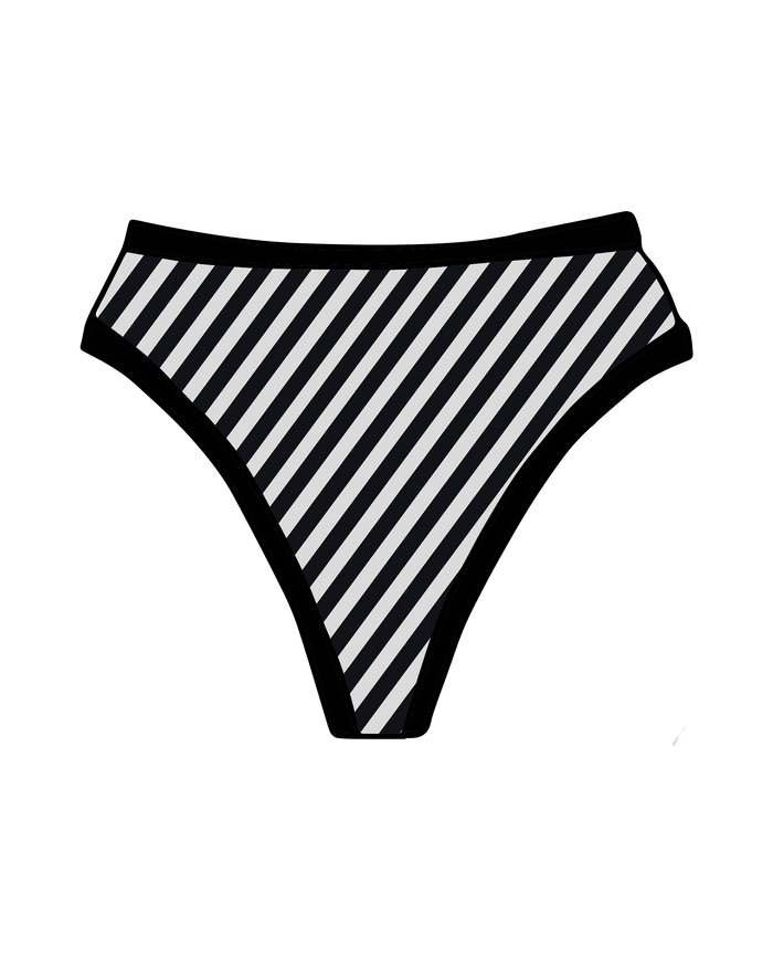 Drawing of Thunderpants Organic Cotton Thong style underwear in Black and White Stripe.