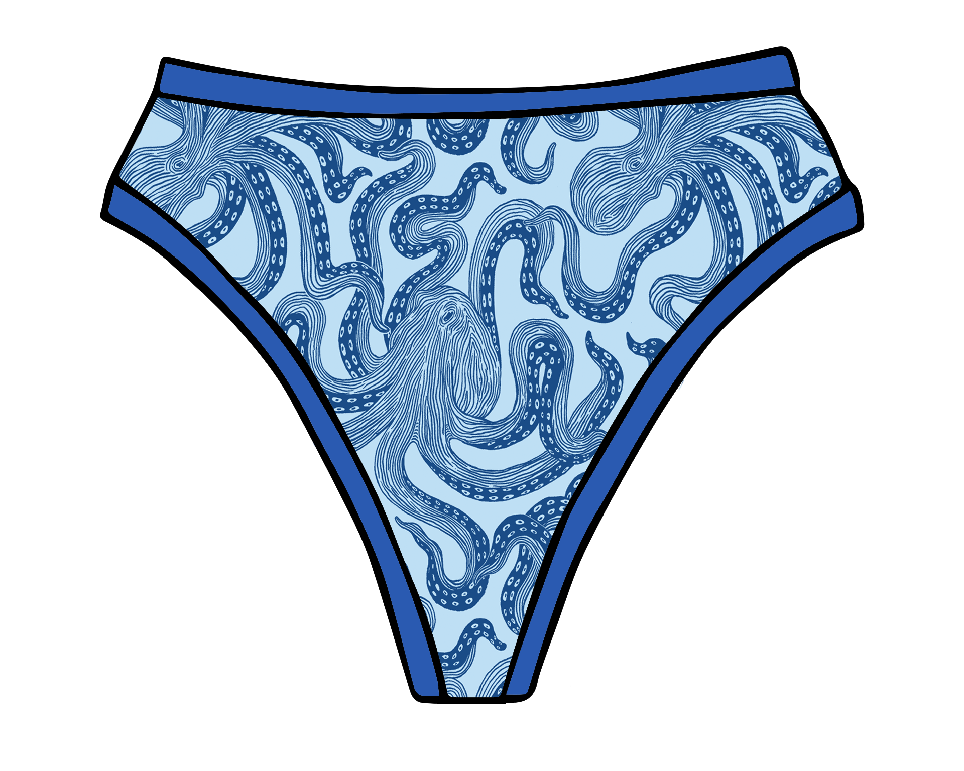 Drawing of Thunderpants Organic Cotton Thong style underwear in Octo-Pants print.