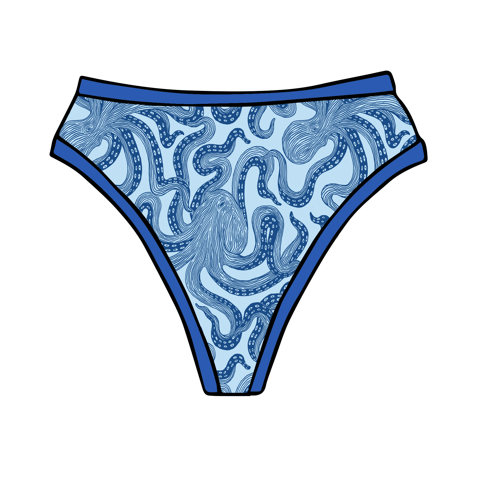 Drawing of Thunderpants Organic Cotton Thong style underwear in Octo-Pants print.