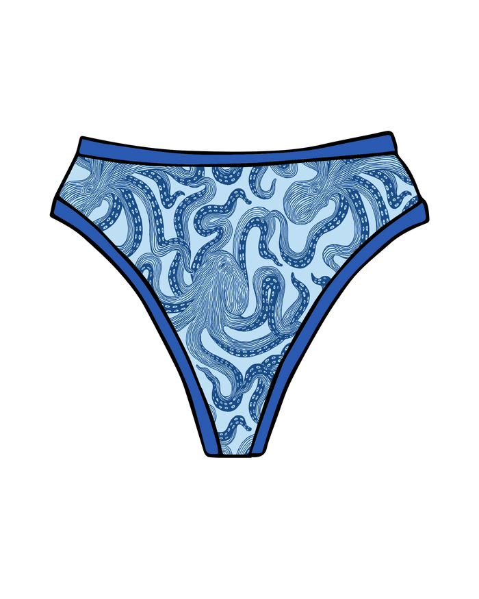 Drawing of Thunderpants Organic Cotton Thong style underwear in Octo-Pants print.