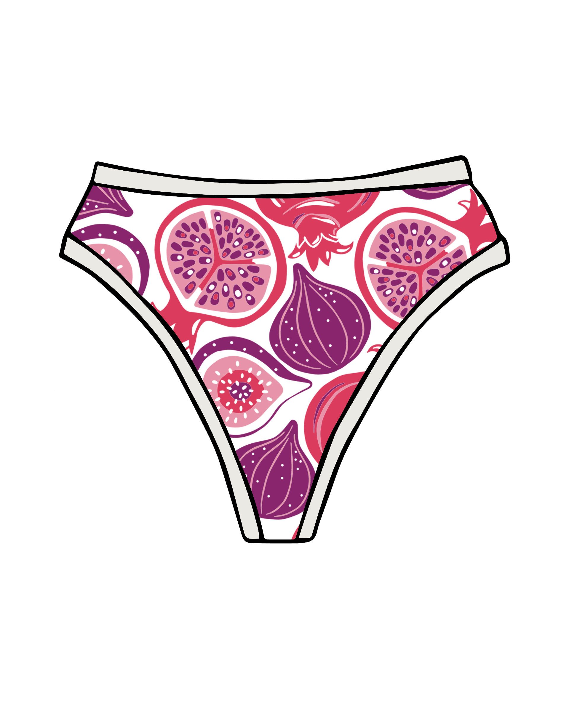 Drawing of Thunderpants Thunder Thong in Two Fruits print - Pomegranates and Figs.