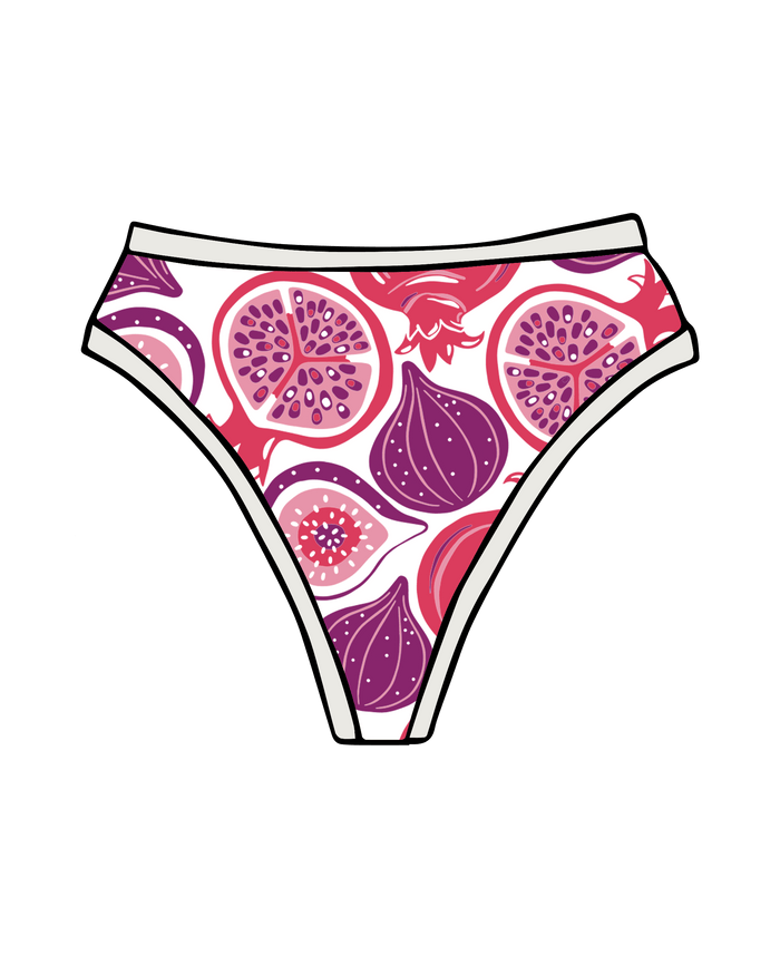 Drawing of Thunderpants Thunder Thong in Two Fruits print - Pomegranates and Figs.