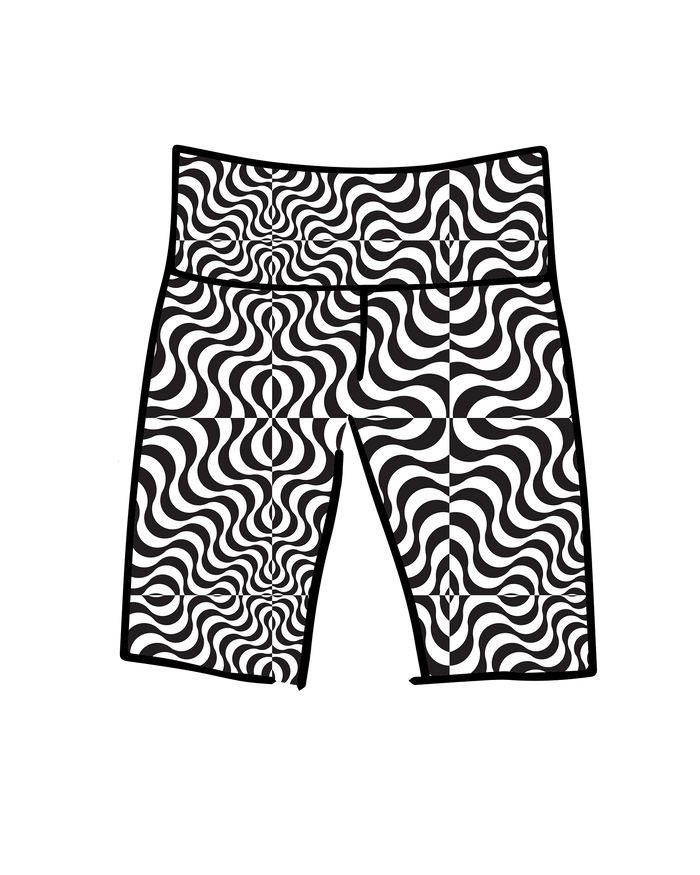 Drawing of Thunderpants Bike Shorts in Trippy - black and white squiggles.