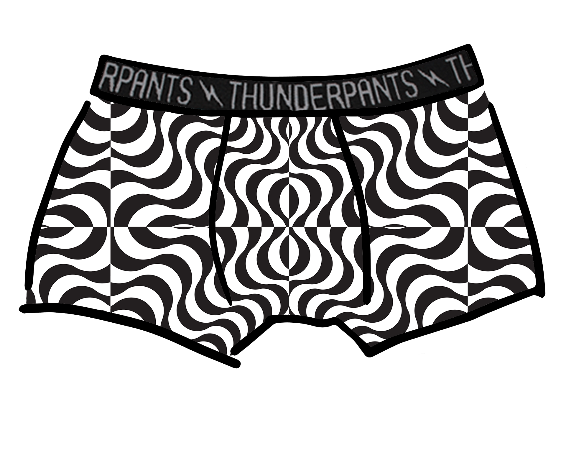 Drawing of Thunderpants Boxer Brief style underwear in Trippy print - black and white squiggles.