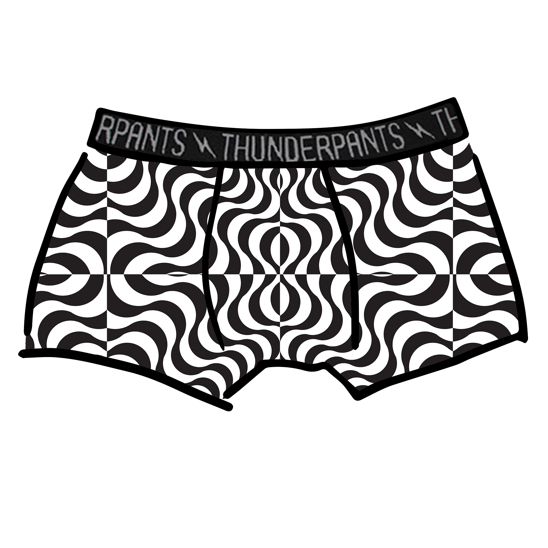 Drawing of Thunderpants Boxer Brief style underwear in Trippy print - black and white squiggles.