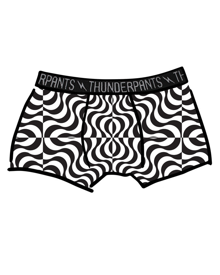 Drawing of Thunderpants Boxer Brief style underwear in Trippy print - black and white squiggles.