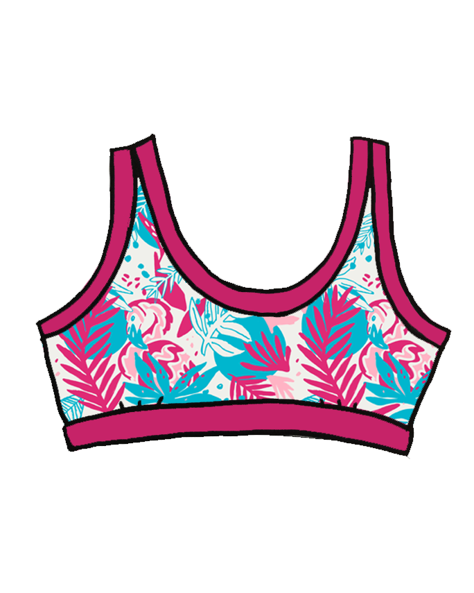 Drawing of Thunderpants Bralette in Finding Flamingos - pink and blue Miami-inspired print.