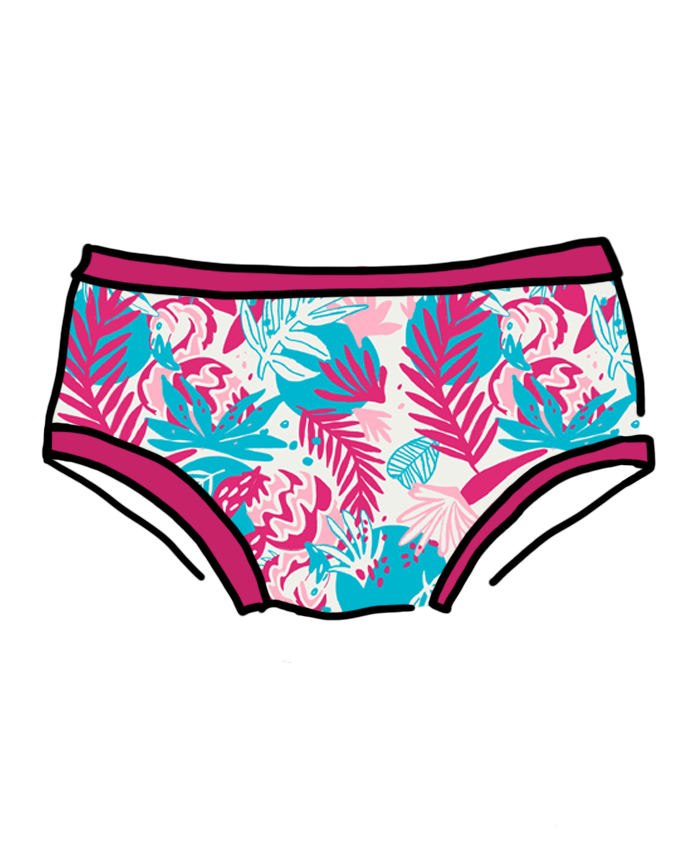 Drawing of Thunderpants Hipster style underwear in Finding Flamingos - pink and blue Miami-inspired print. 