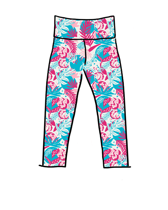 Drawing of Thunderpants 3/4 Length Leggings in Finding Flamingos - pink and blue Miami-inspired print.