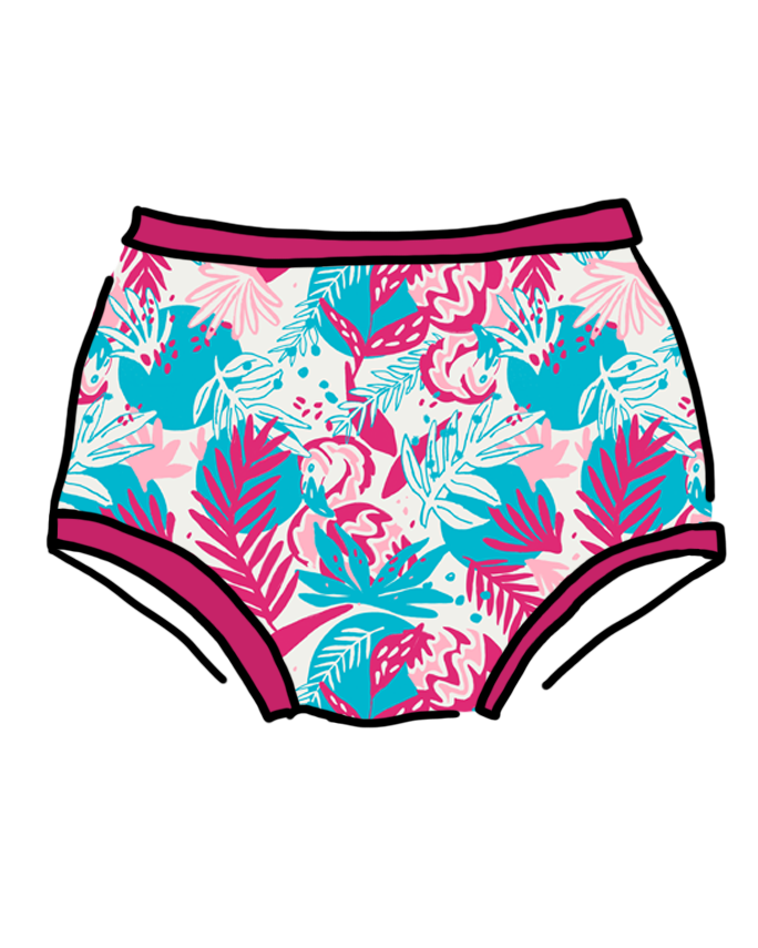 Drawing of Thunderpants Original style underwear in Finding Flamingos - pink and blue Miami-inspired print.