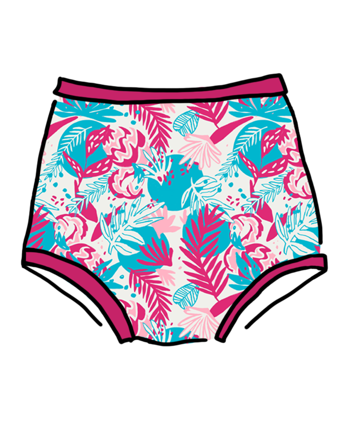 Drawing of Thunderpants Sky Rise style underwear in Finding Flamingos - pink and blue Miami-inspired print.
