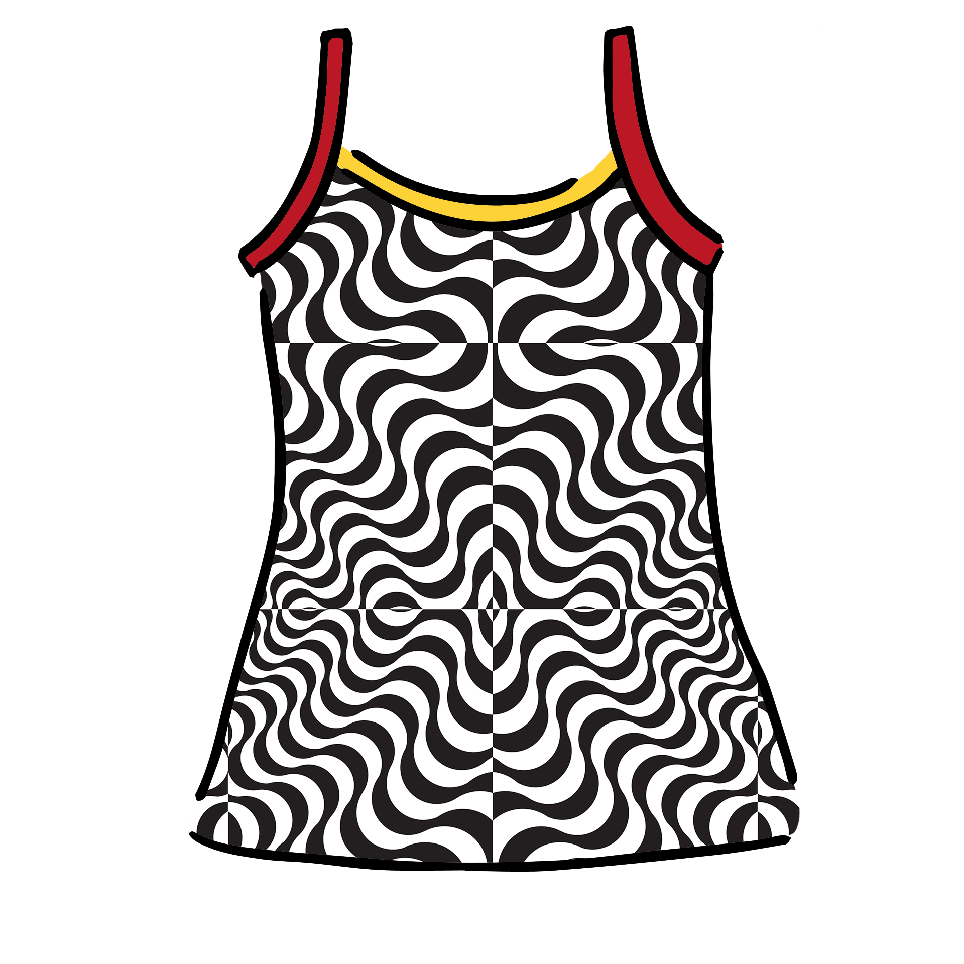 Drawing of Thunderpants Camisole in Tropical Trippy - black and white squiggles with red and yellow binding.