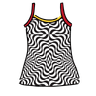 Drawing of Thunderpants Camisole in Tropical Trippy - black and white squiggles with red and yellow binding.