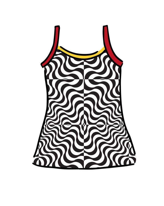 Drawing of Thunderpants Camisole in Tropical Trippy - black and white squiggles with red and yellow binding.