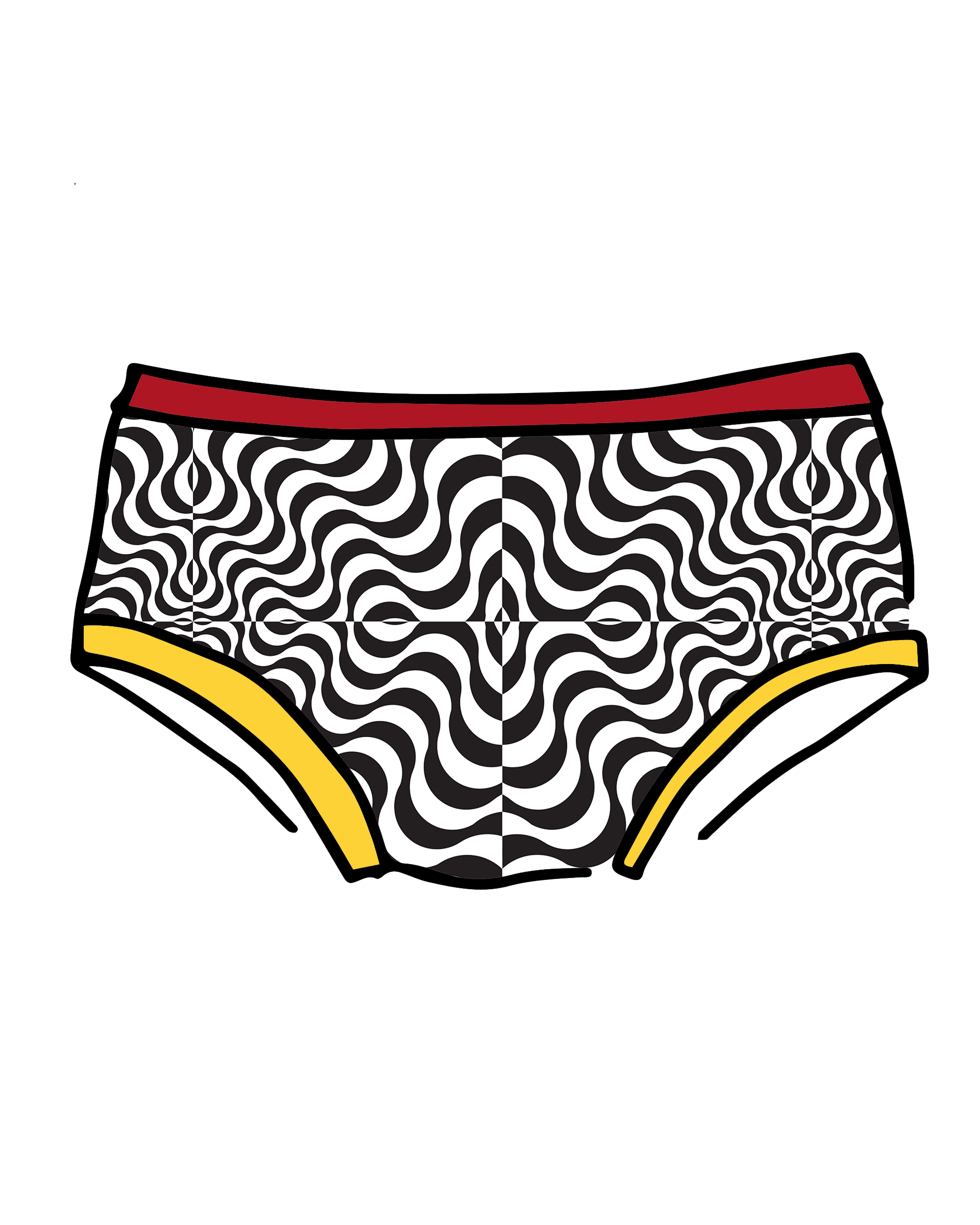 Drawing of Thunderpants Hipster style underwear in Tropical Trippy - black and white squiggles with red and yellow binding.