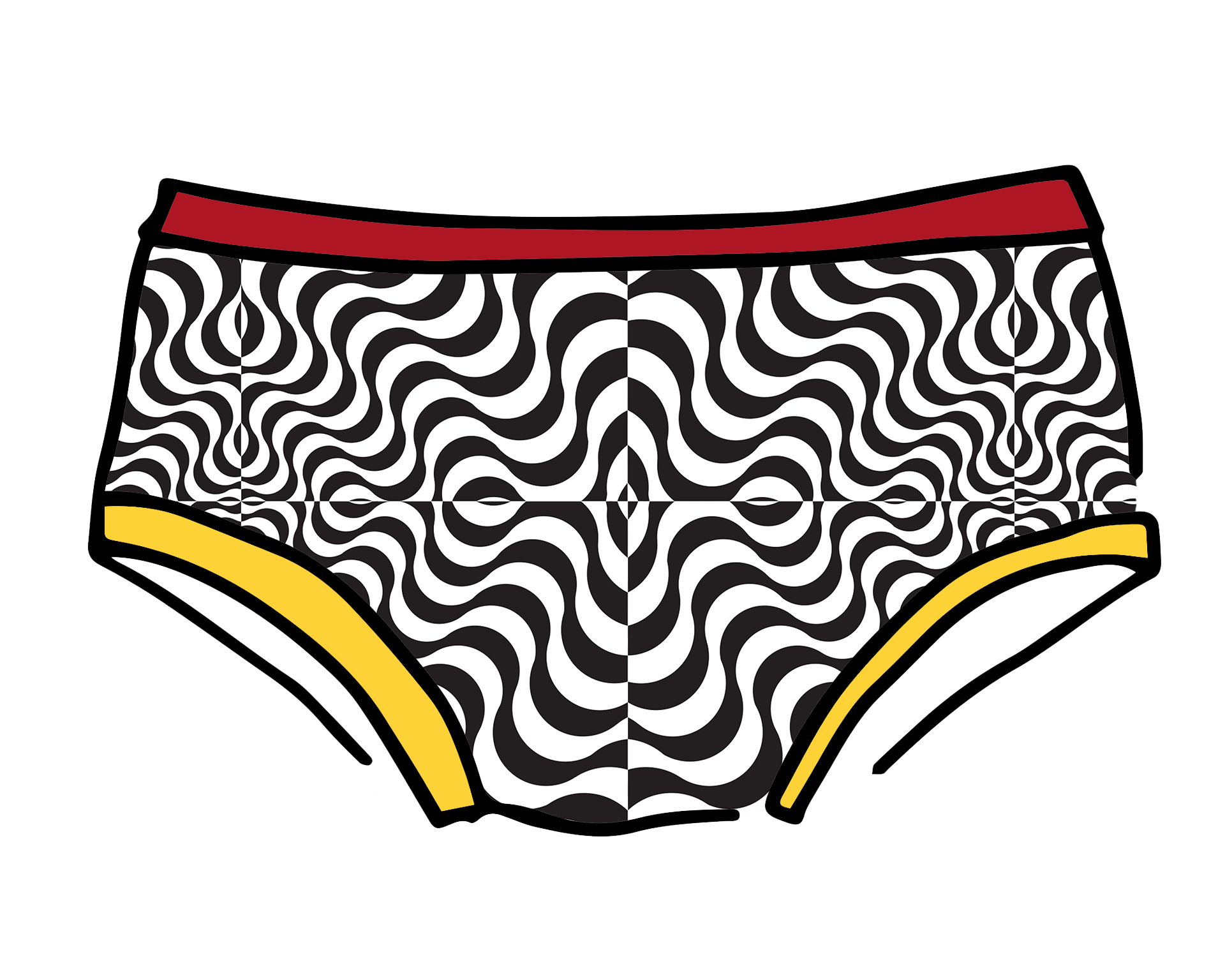 Drawing of Thunderpants Hipster style underwear in Tropical Trippy - black and white squiggles with red and yellow binding.