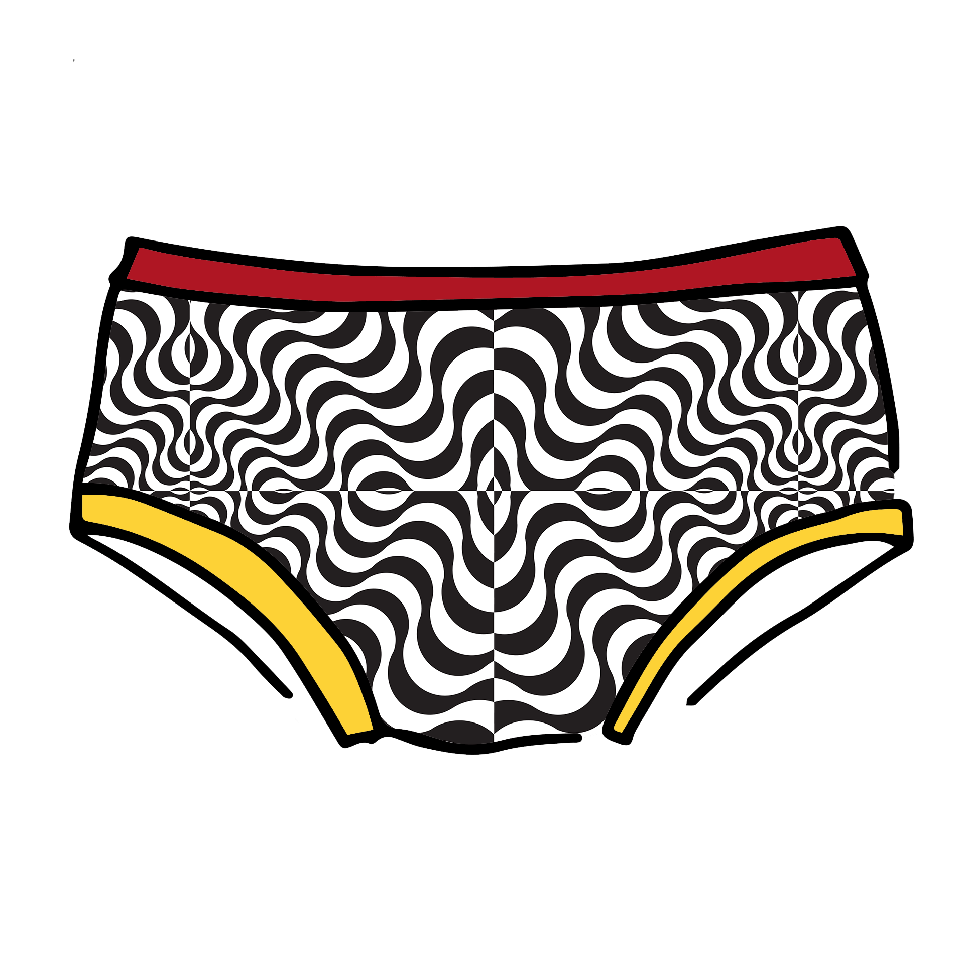 Drawing of Thunderpants Hipster style underwear in Tropical Trippy - black and white squiggles with red and yellow binding.