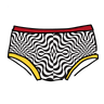 Drawing of Thunderpants Hipster style underwear in Tropical Trippy - black and white squiggles with red and yellow binding.