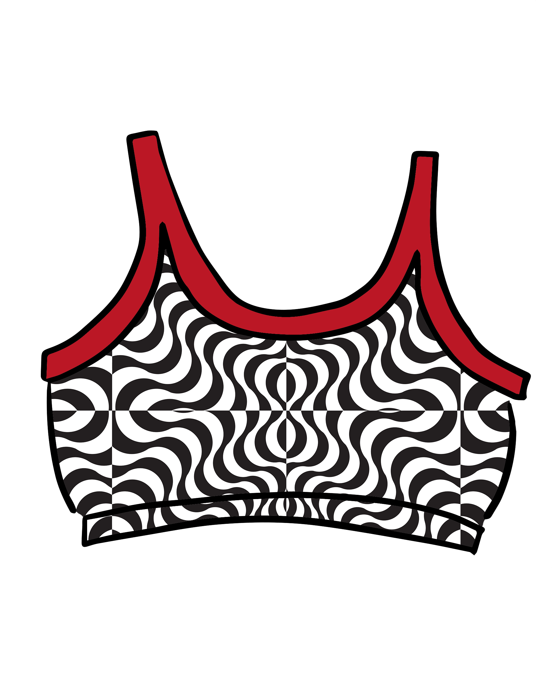 Drawing of Thunderpants Longline Bra in Tropical Trippy - black and white squiggles with red binding.