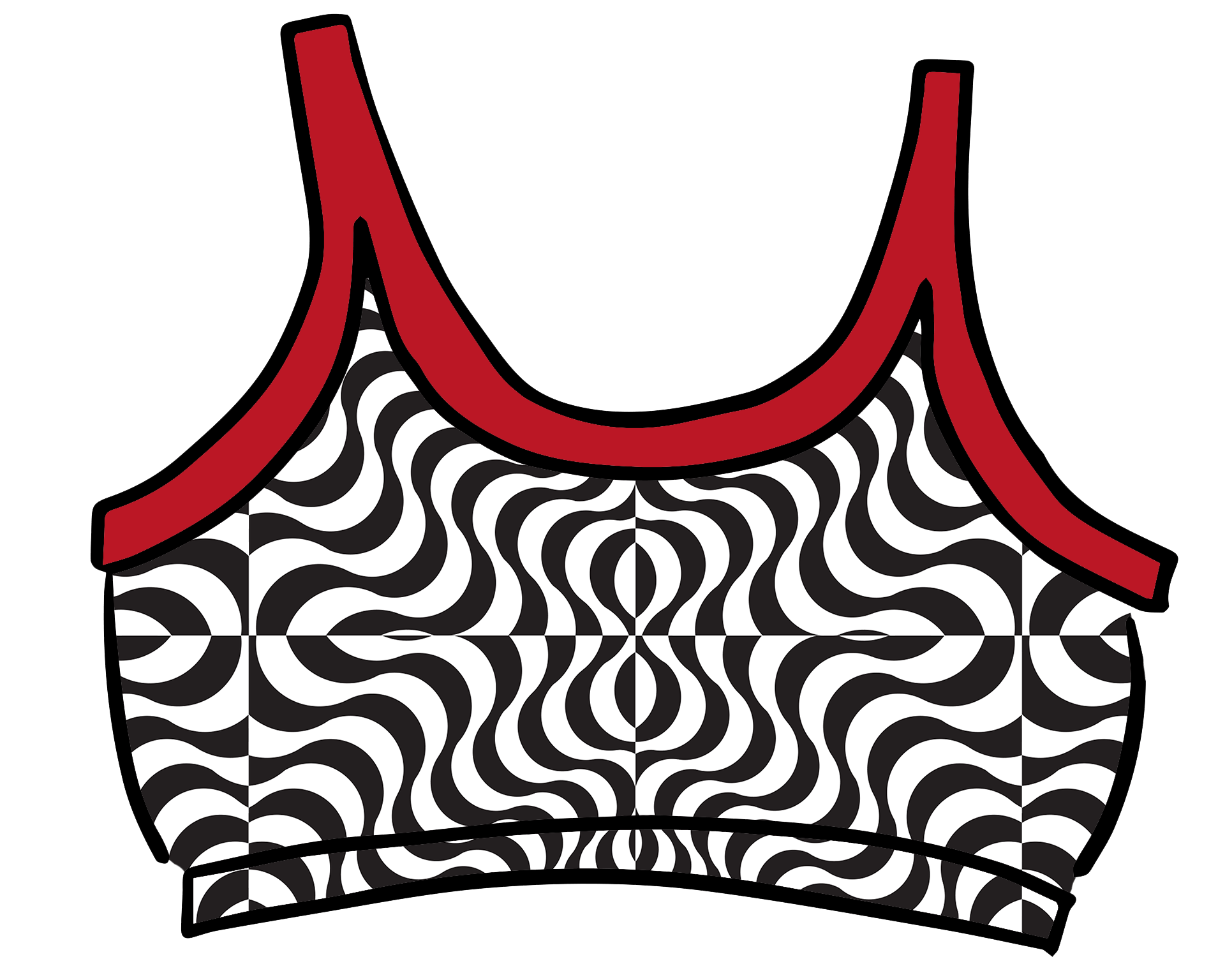 Drawing of Thunderpants Longline Bra in Tropical Trippy - black and white squiggles with red binding.