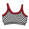 Drawing of Thunderpants Longline Bra in Tropical Trippy - black and white squiggles with red binding.