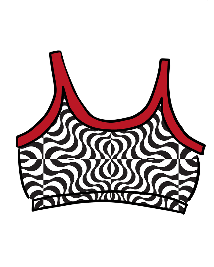 Drawing of Thunderpants Longline Bra in Tropical Trippy - black and white squiggles with red binding.