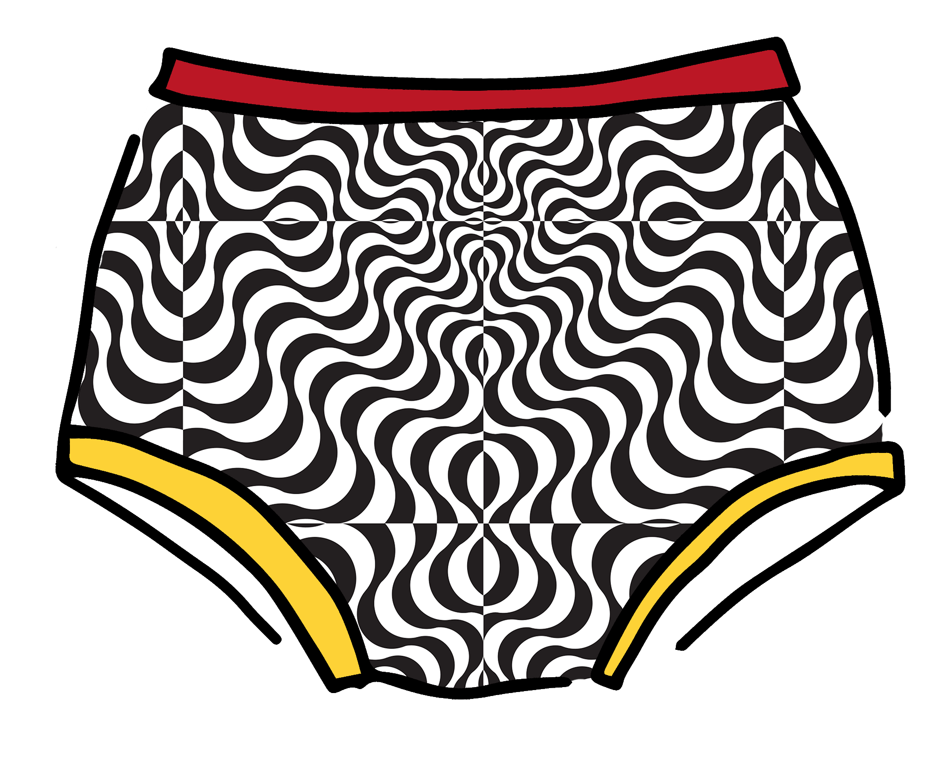 Drawing of Thunderpants Original style underwear in Tropical Trippy print - black and white squiggles with red and yellow binding.