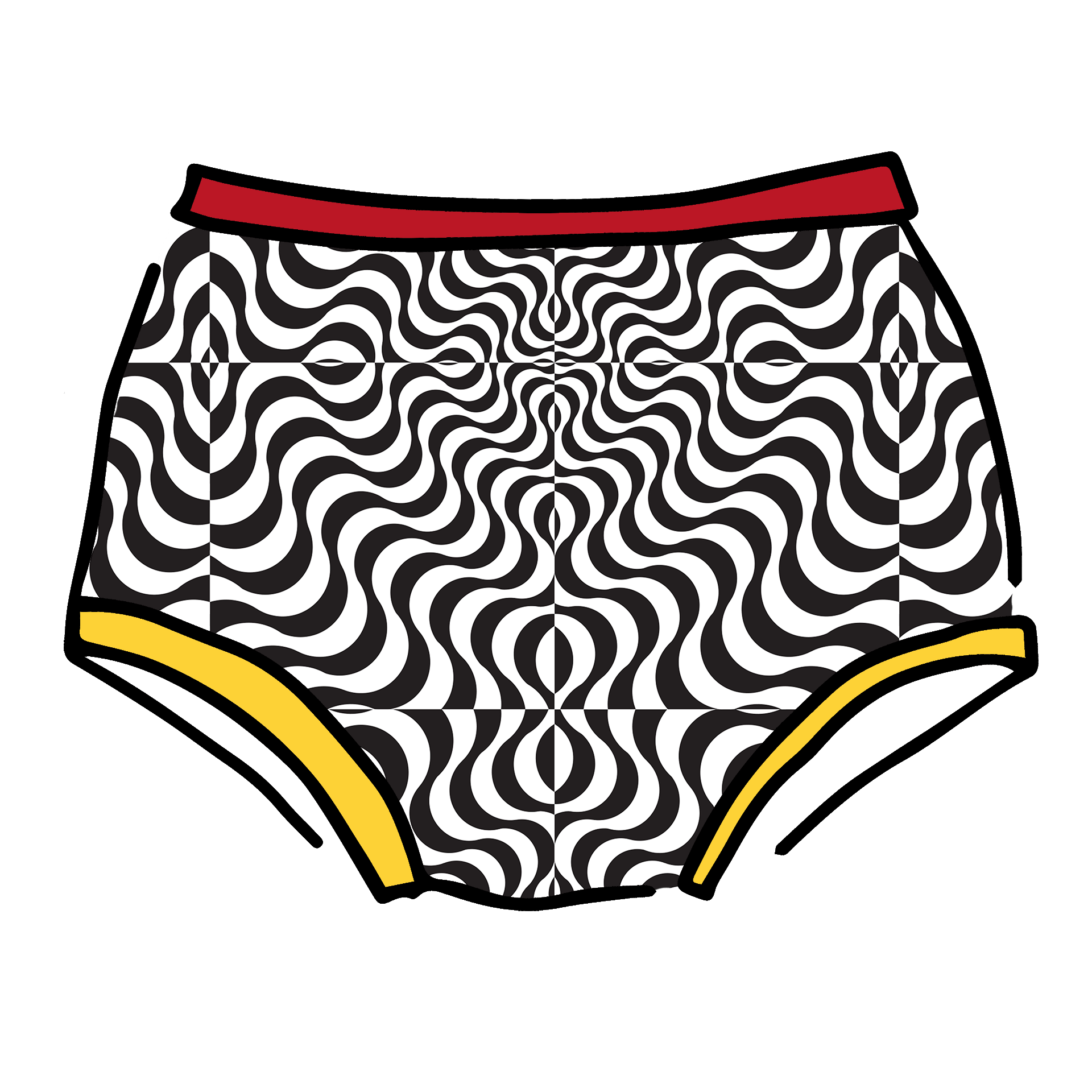 Drawing of Thunderpants Original style underwear in Tropical Trippy print - black and white squiggles with red and yellow binding.