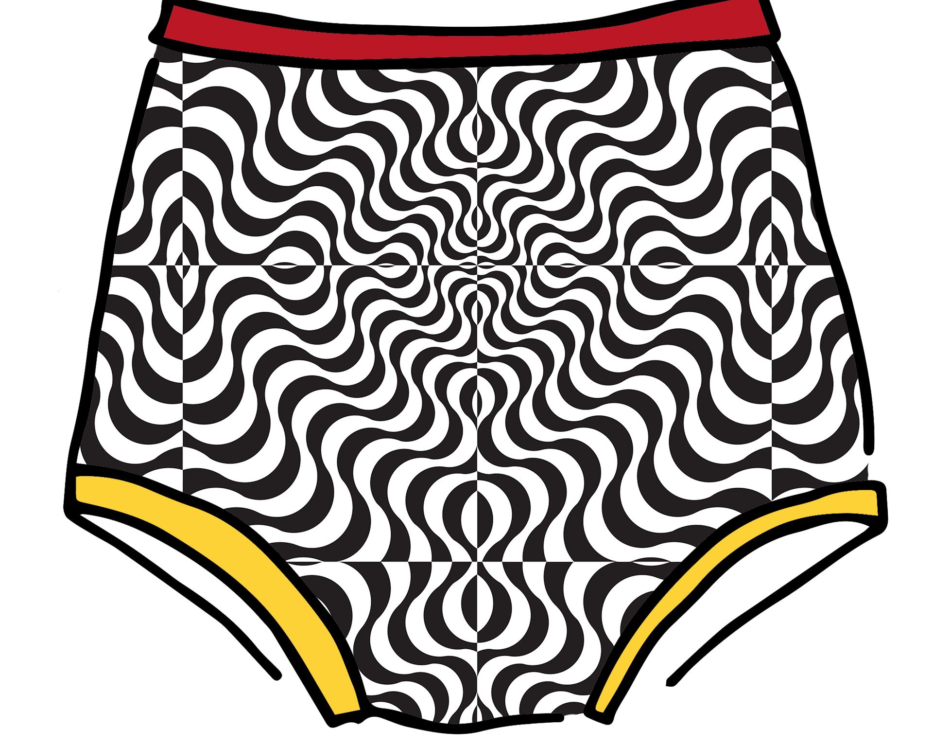 Drawing of Thunderpants Sky Rise style underwear in Tropical Trippy - black and white squiggles with red and yellow binding.