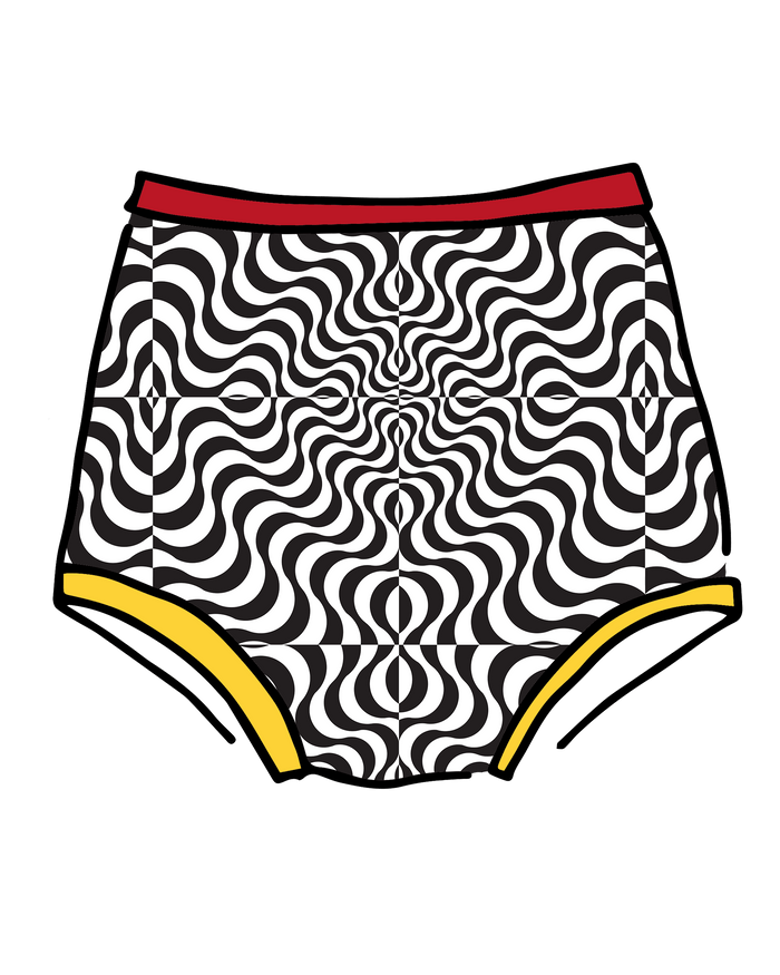 Drawing of Thunderpants Sky Rise style underwear in Tropical Trippy - black and white squiggles with red and yellow binding.